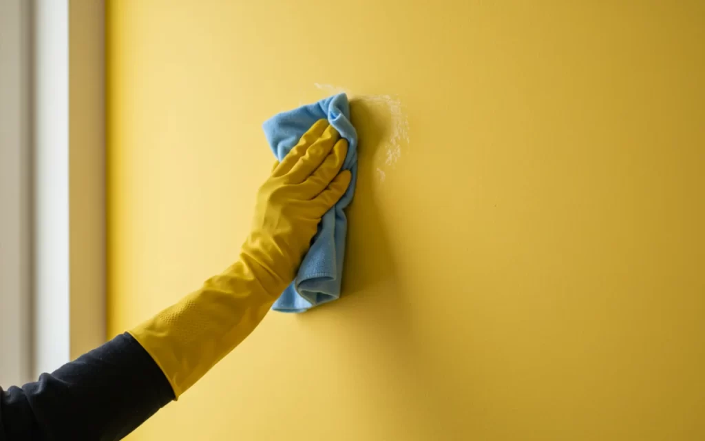 Close-up of cleaning supplies next to a clean, freshly wiped wall