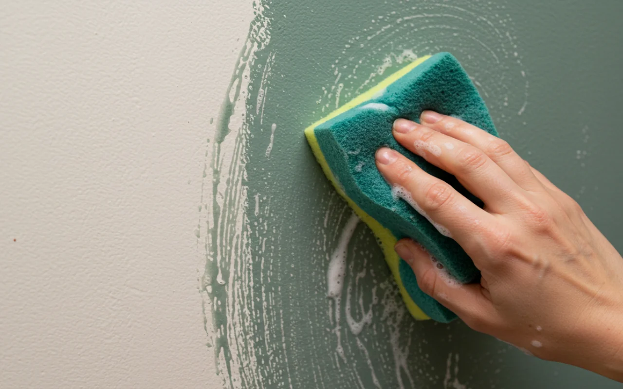Hand using a sponge to remove smudges from a painted interior wall